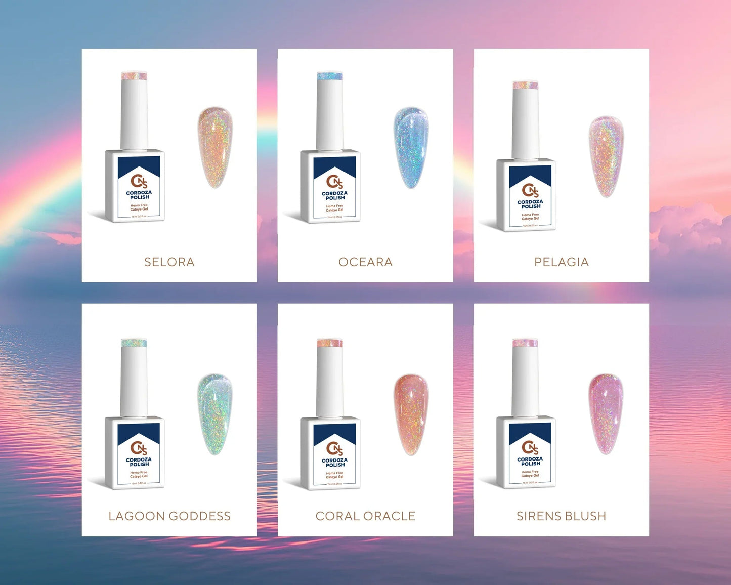 6pc Rainbow Holographic Cateye Hema Free Gel Polish - Goddesses of the Deep