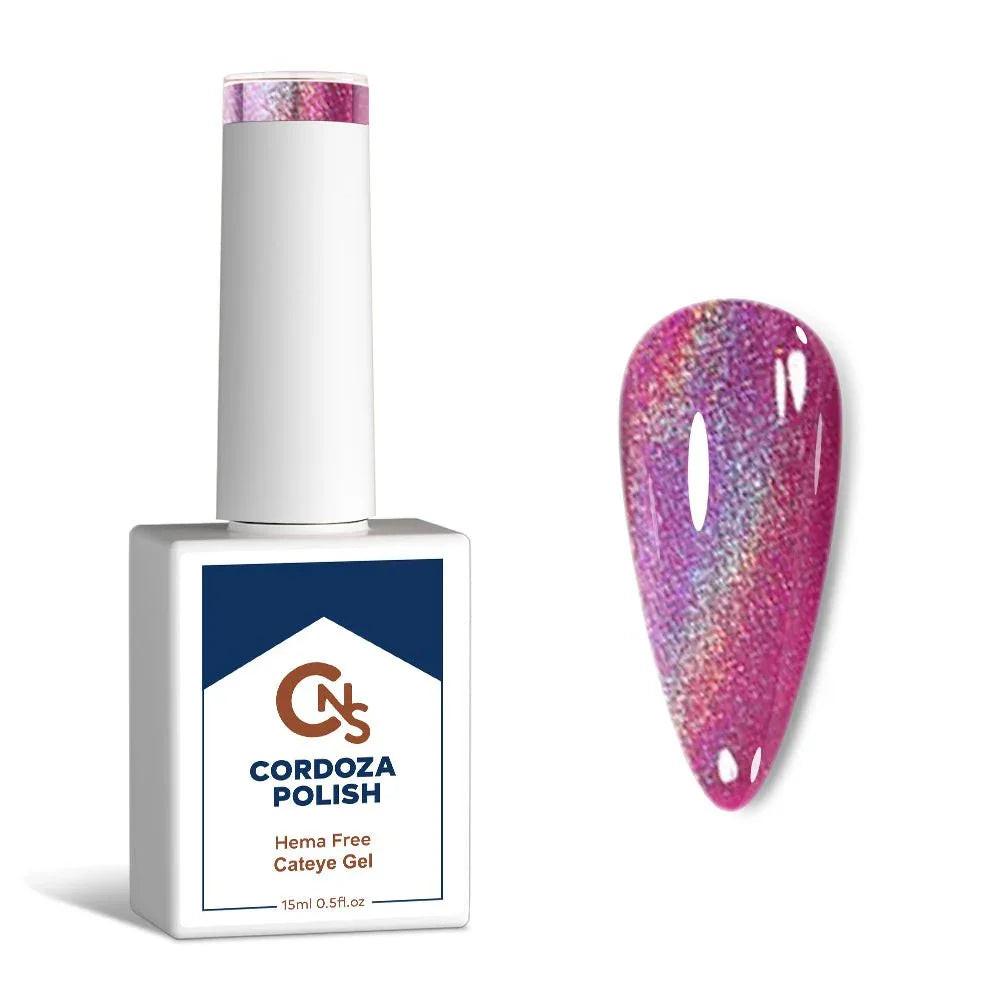 Prismatic Purr- CNS Hema Free Rainbow Holographic Cateye Gel Polish (shown over pink in image)
