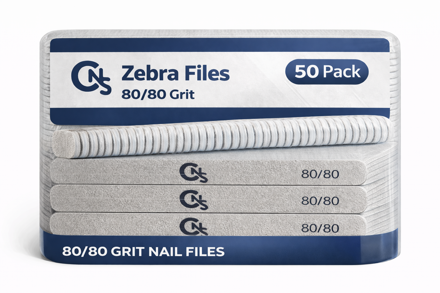 80/80 Grit White Zebra Nail File – Premium Flex Core - 50pc Pack