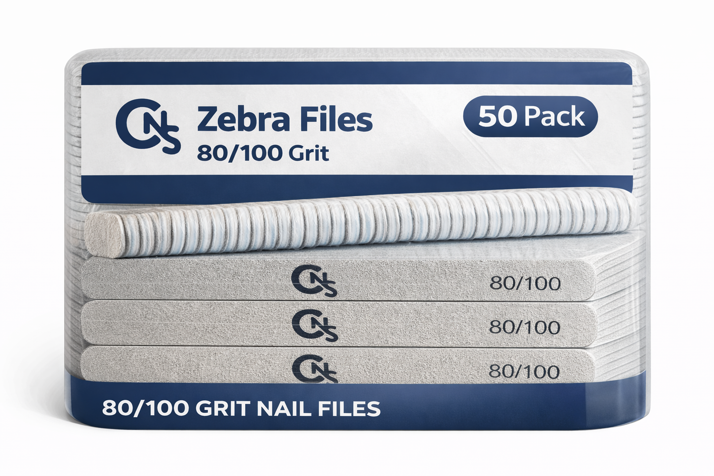 80/100 Grit White Zebra Nail File – Premium Flex Core - 50pc Pack