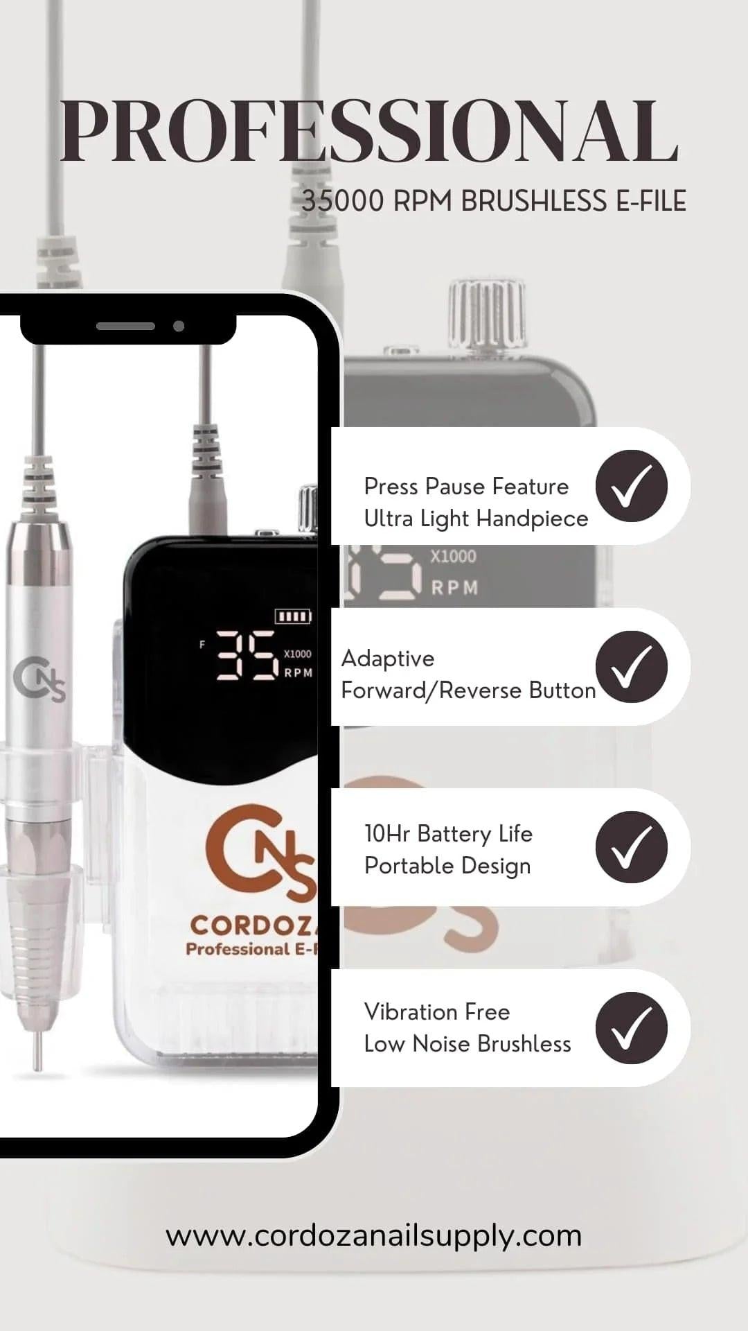 CNS Brushless Rechargeable Professional E-File 35k RPM w/ Stand