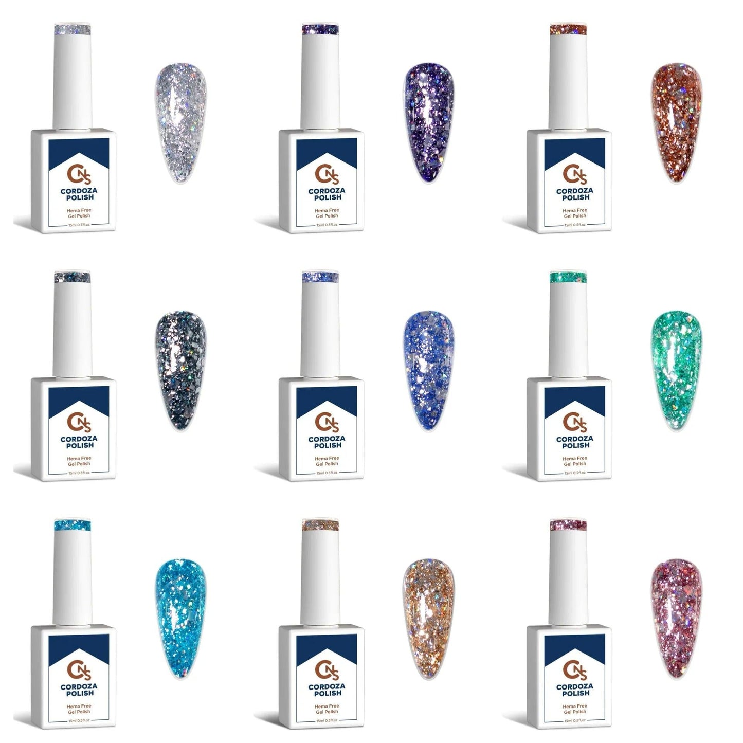 Holo Glam 9pc Collection - CNS Hema Free Chunky Glitter Gel Polish